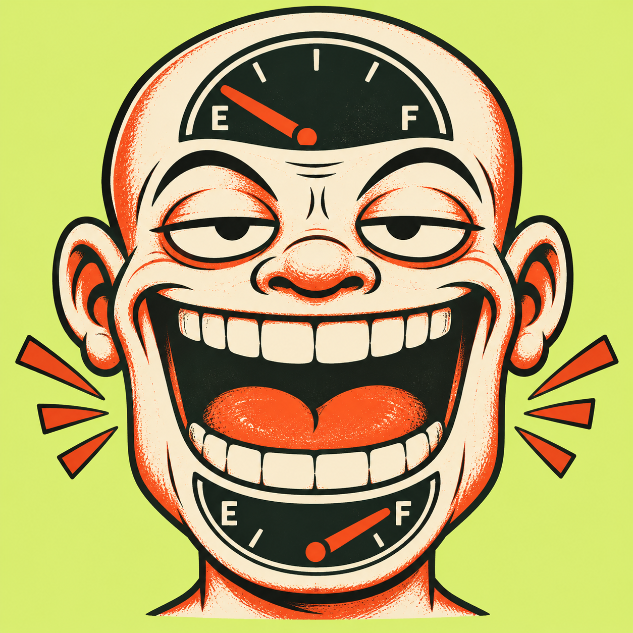 Motor Mouth grins with half-closed eyes: his forehead fuel gauge points to empty and his mouth gauge points to full.